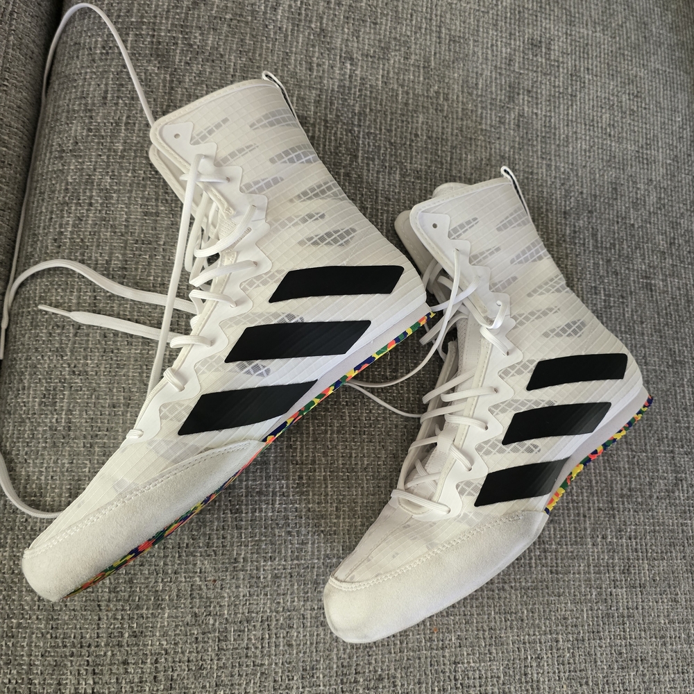 Adidas White High-Top Sneakers with Black Stripes